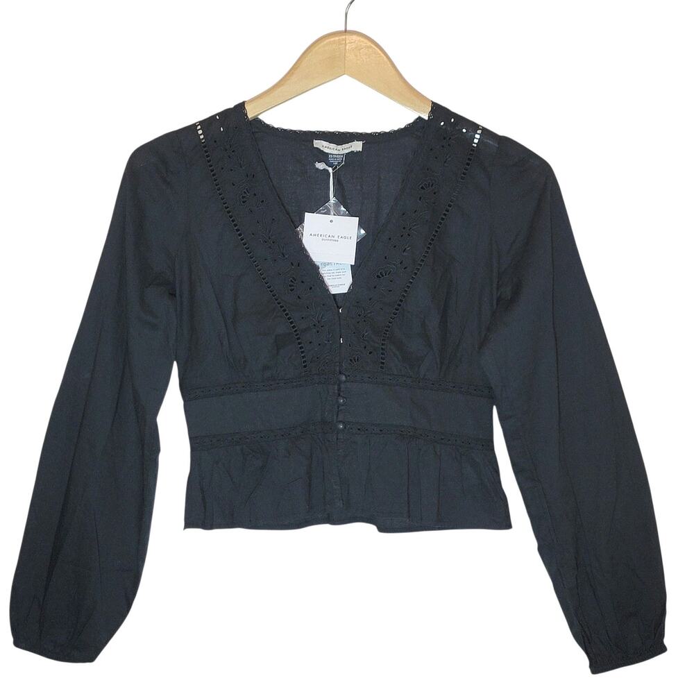American Eagle NWT Eyelet Embroidered Cotton Peplum Blouse Black XS V Neck